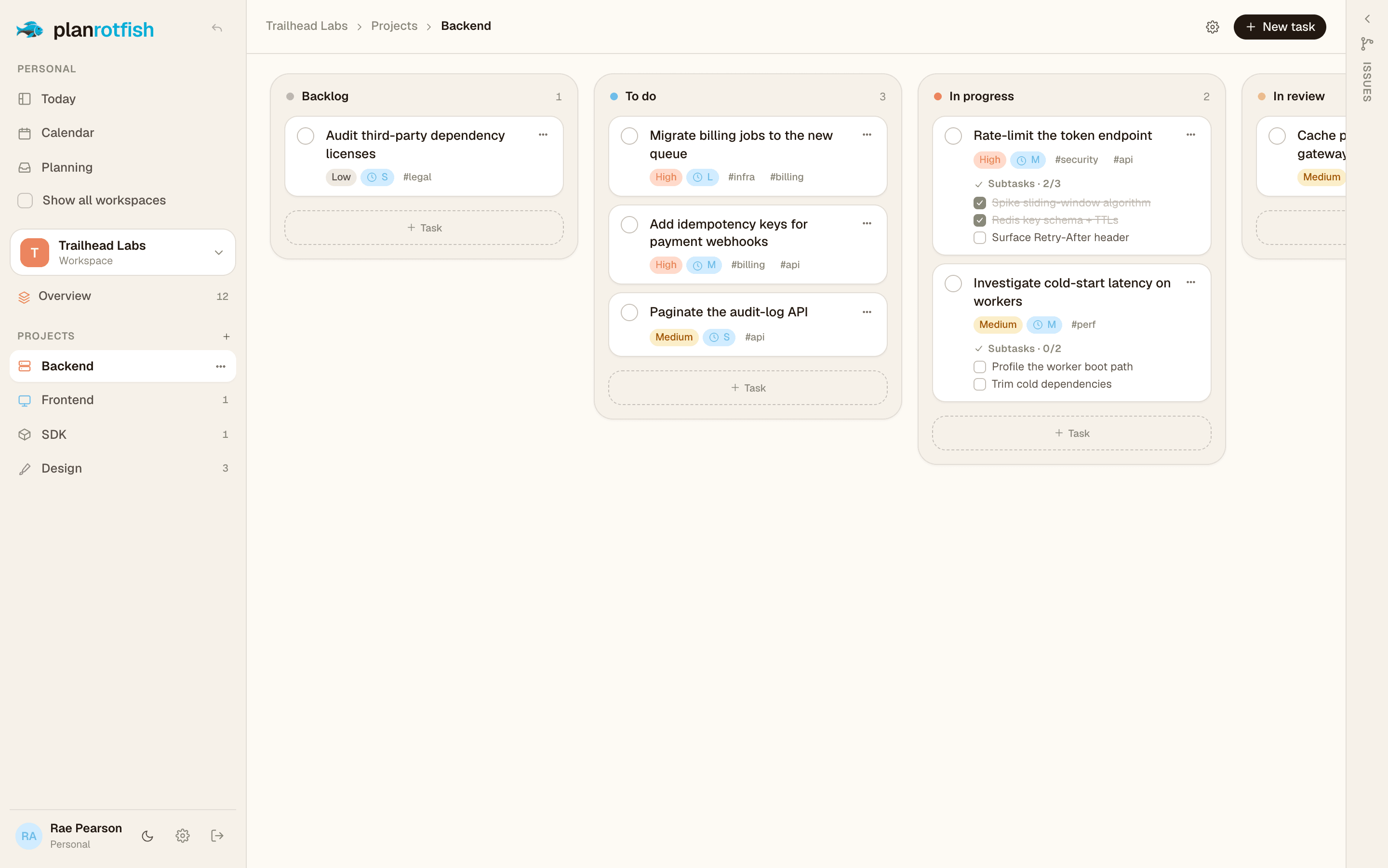 A Planrotfish project board with tasks lined up across Backlog, To do, In progress and review lanes.